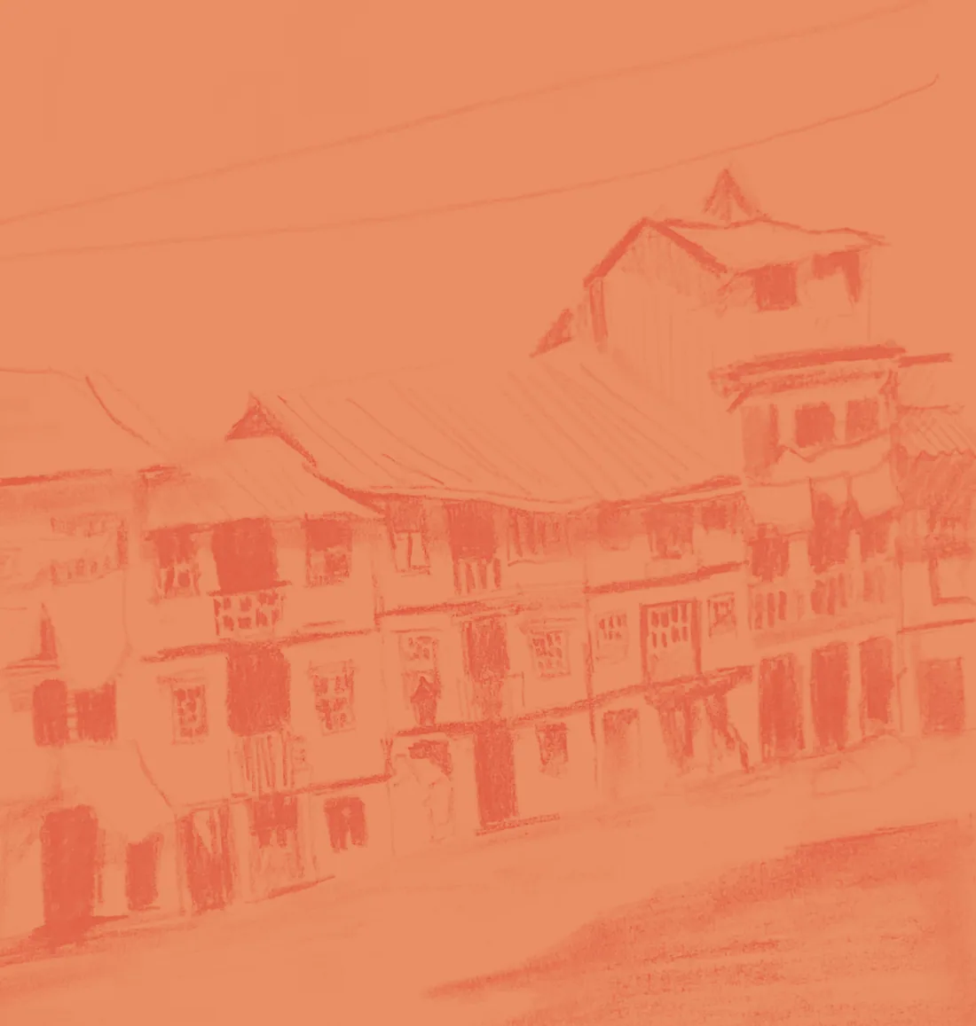 Orange sketch of a traditional street in Porto