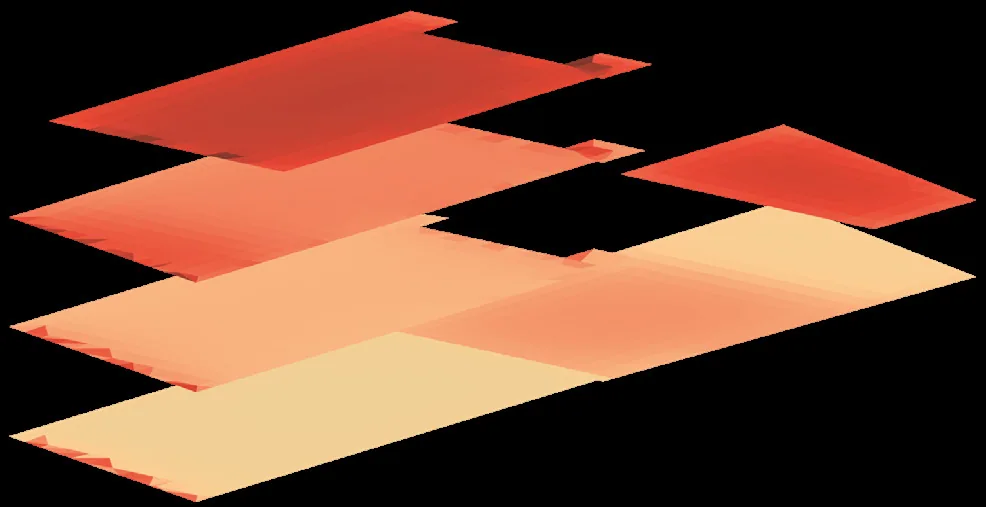 Axonometric floor plates showing the baseline operative temperature, future weather SSP 8.5, 2055