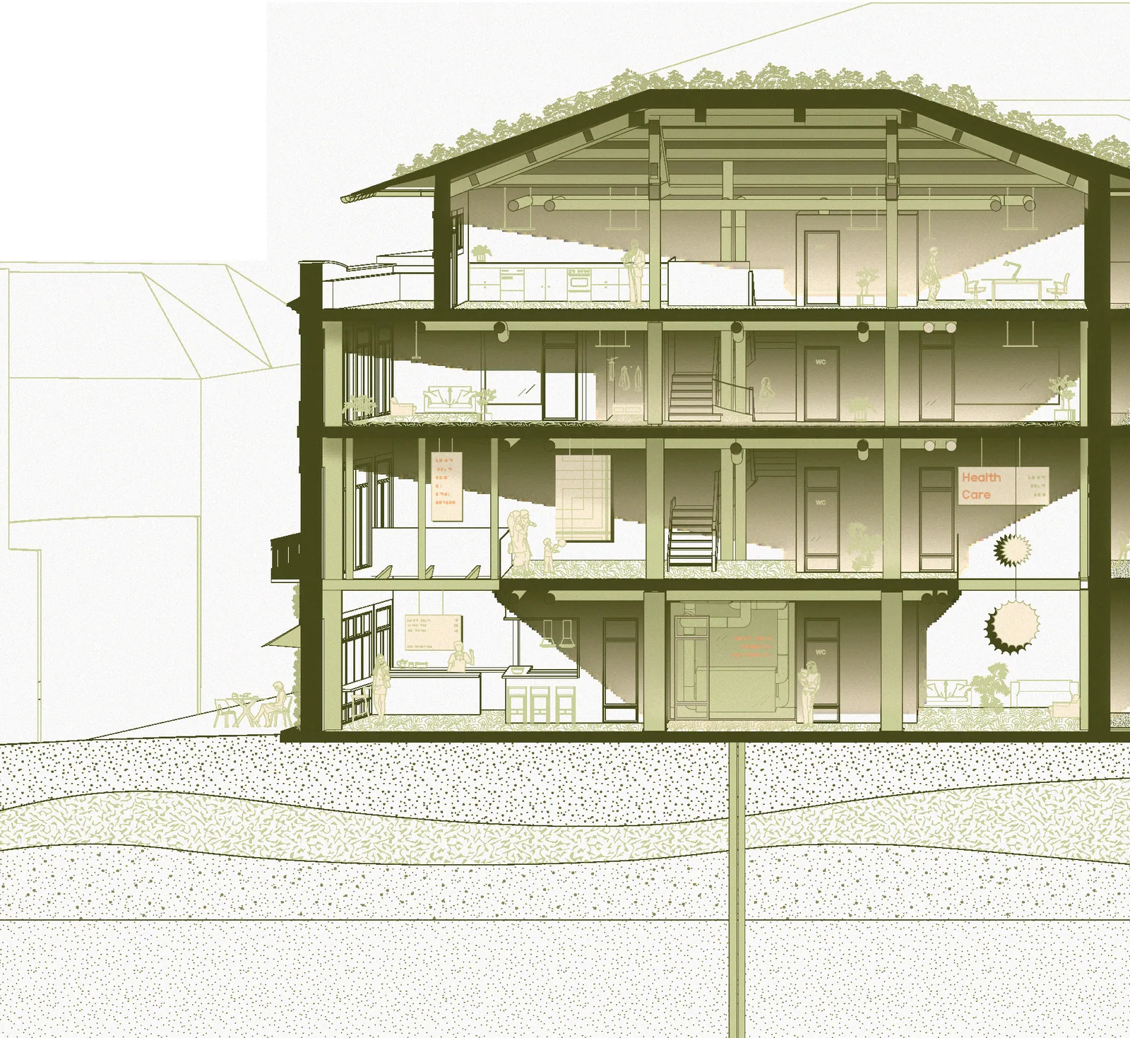 Longitudinal section of the main building: four floors, planted roof, and a geothermal line running down into the ground