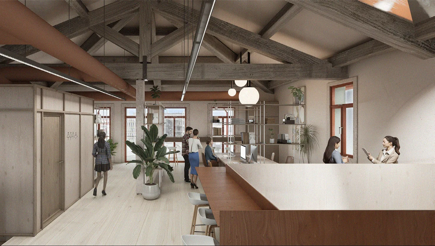Render of the third floor office under the existing timber roof, with high tables around the void