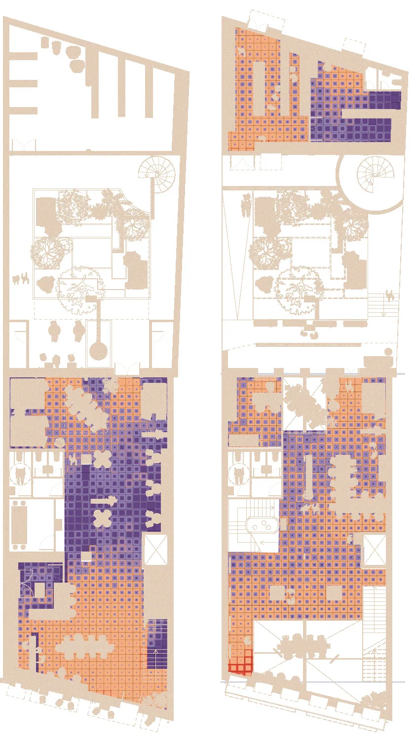 Floor plans coloured by useful daylight illuminance, orange and purple tones