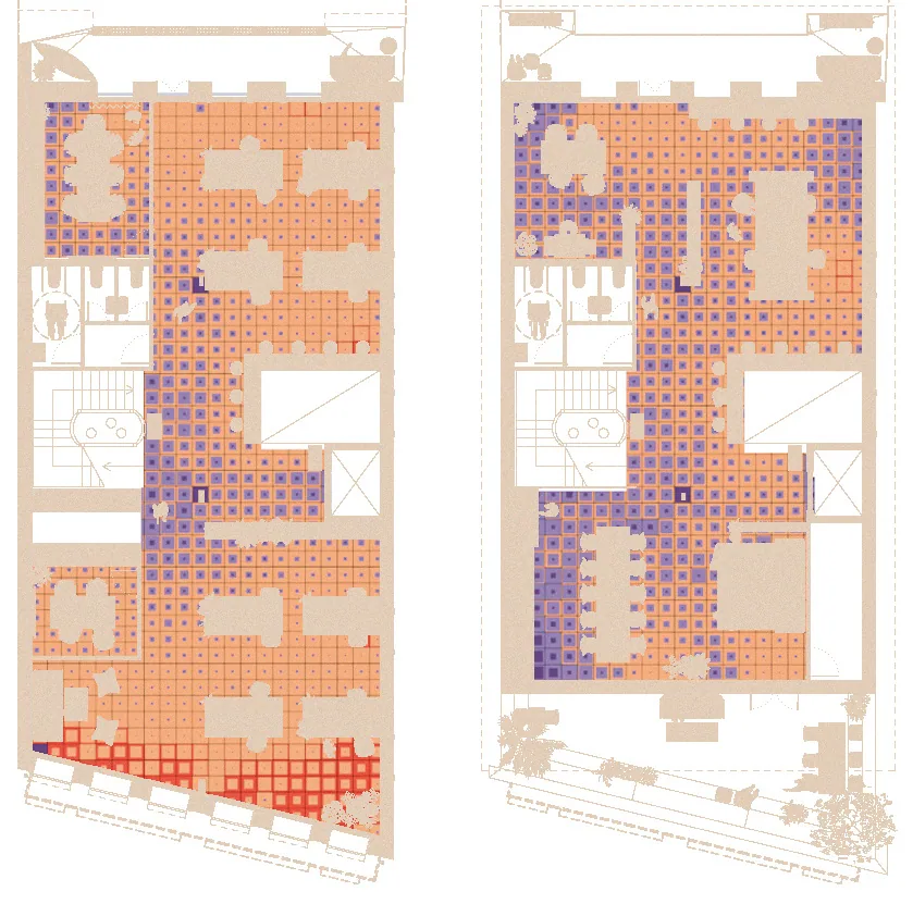 Second pair of floor plans coloured by useful daylight illuminance