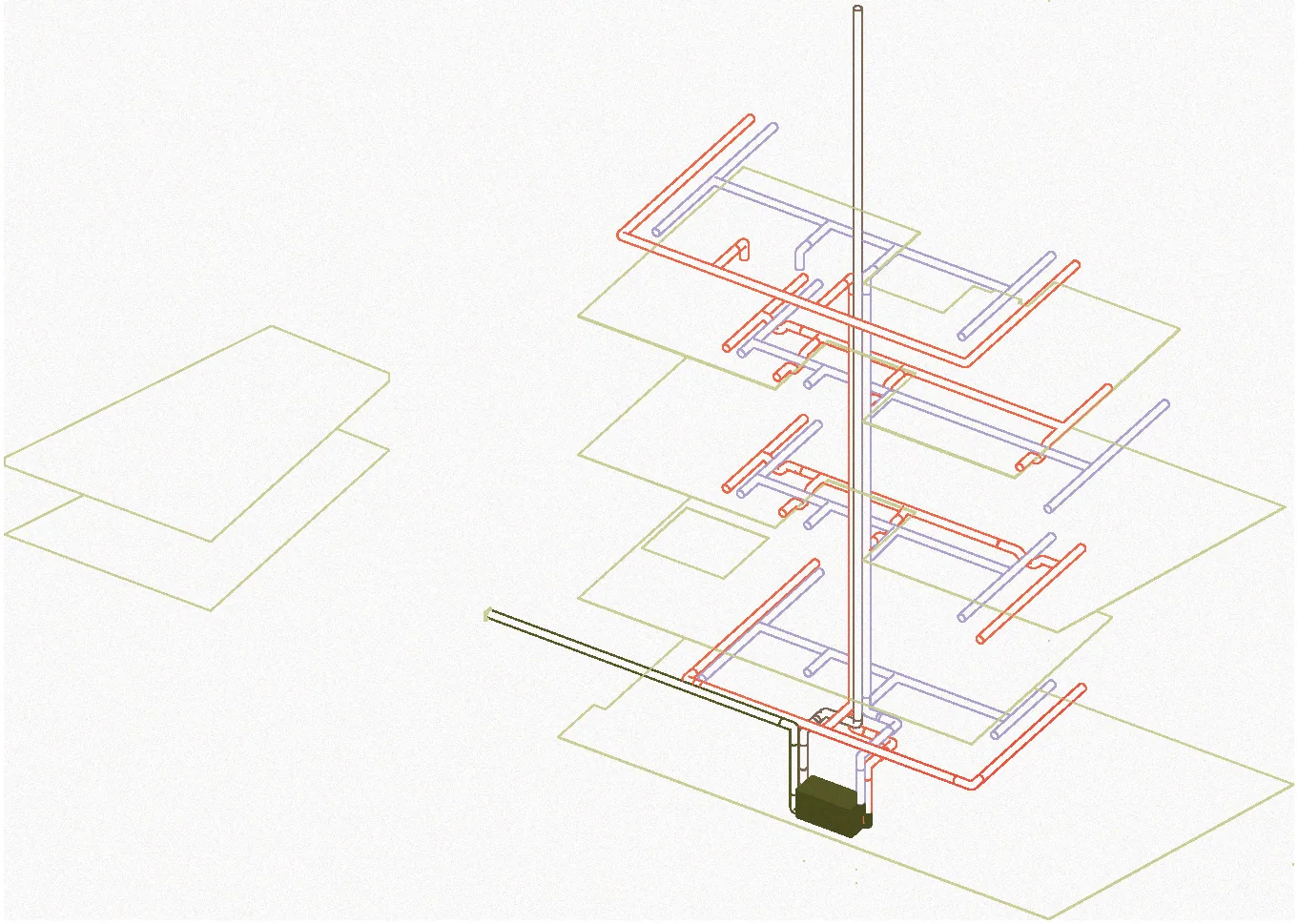 Axonometric of the geothermal ventilation system: air handling unit, brine, supply, extract and exhaust ducts