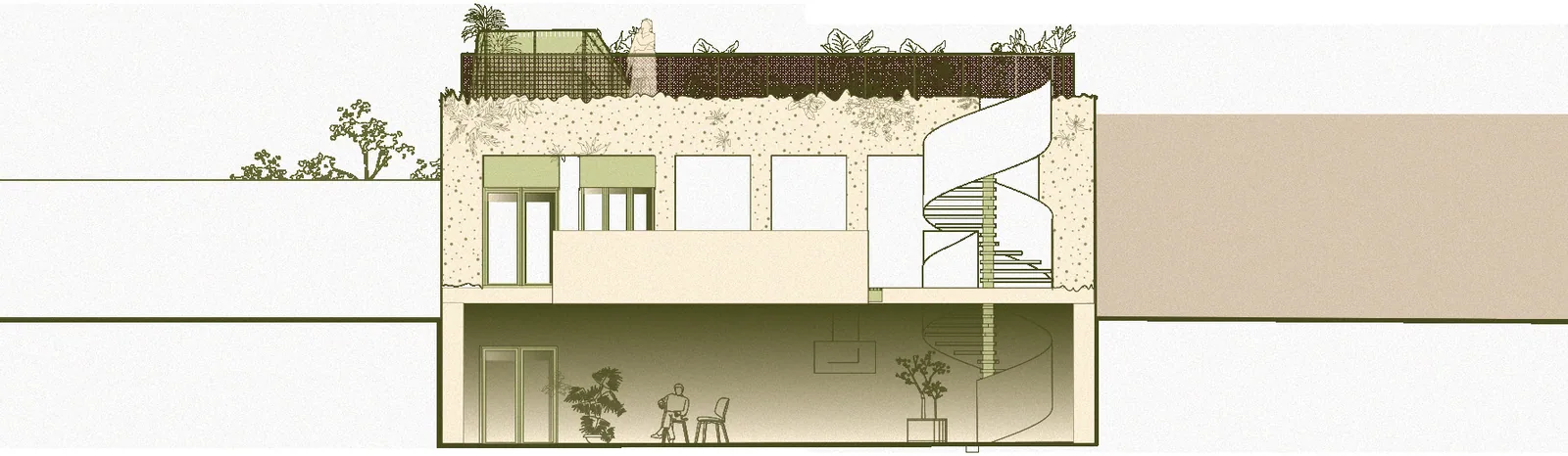 Elevation B in line drawing with a planted roof and a spiral stair