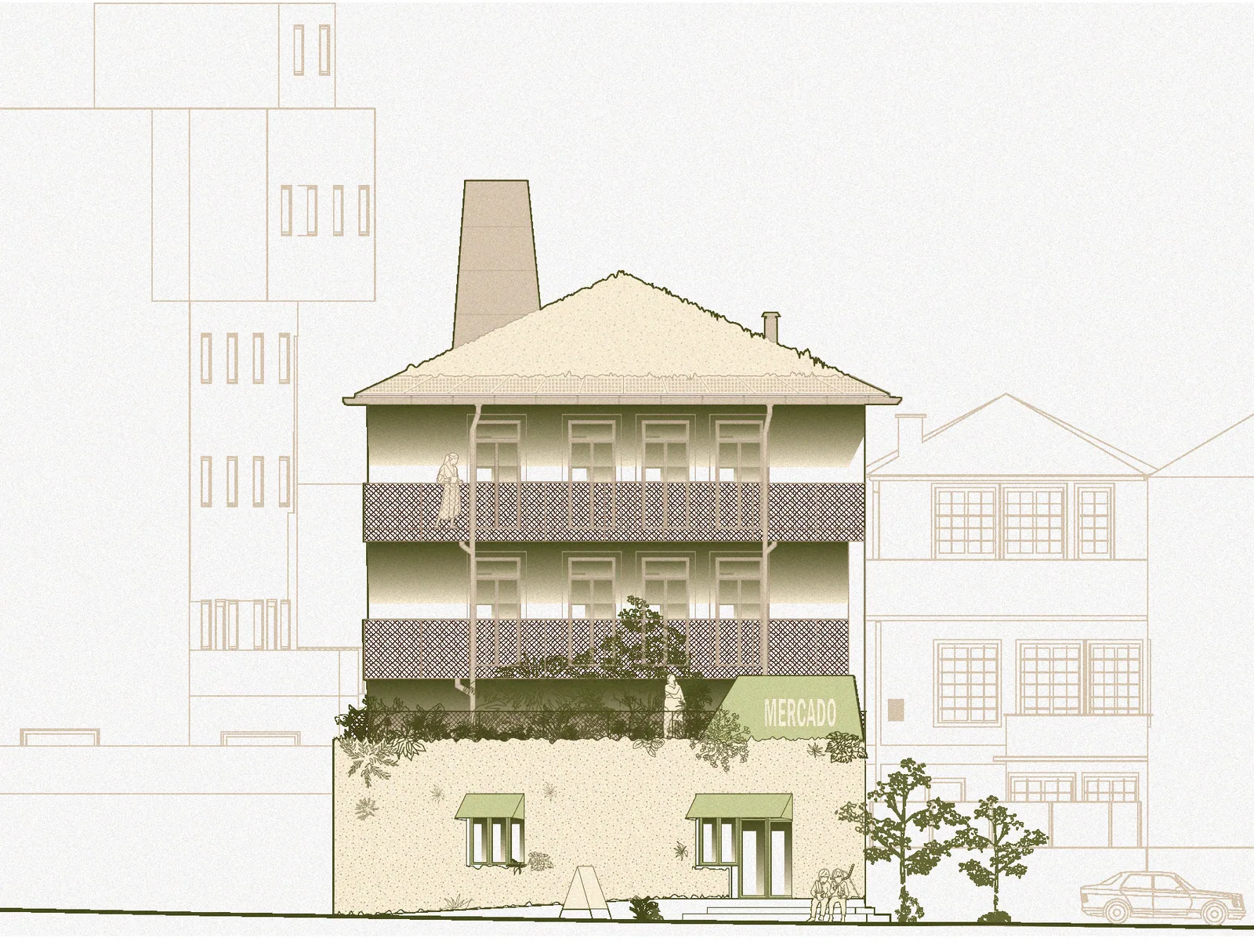 Elevation C of the north side with the chimney volume and the MERCADO sign