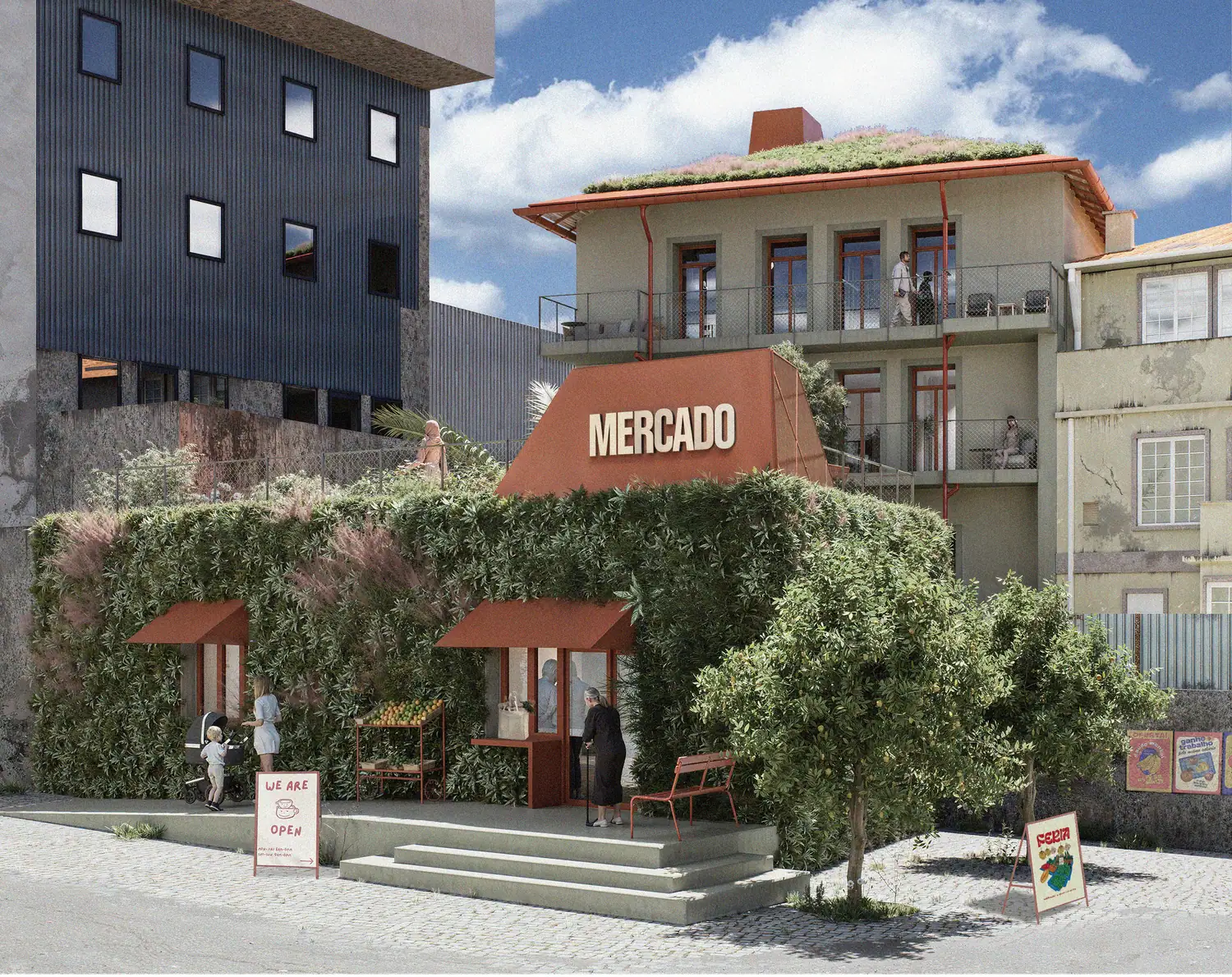 Render of the mini market entrance with a green wall, red awnings and the MERCADO sign
