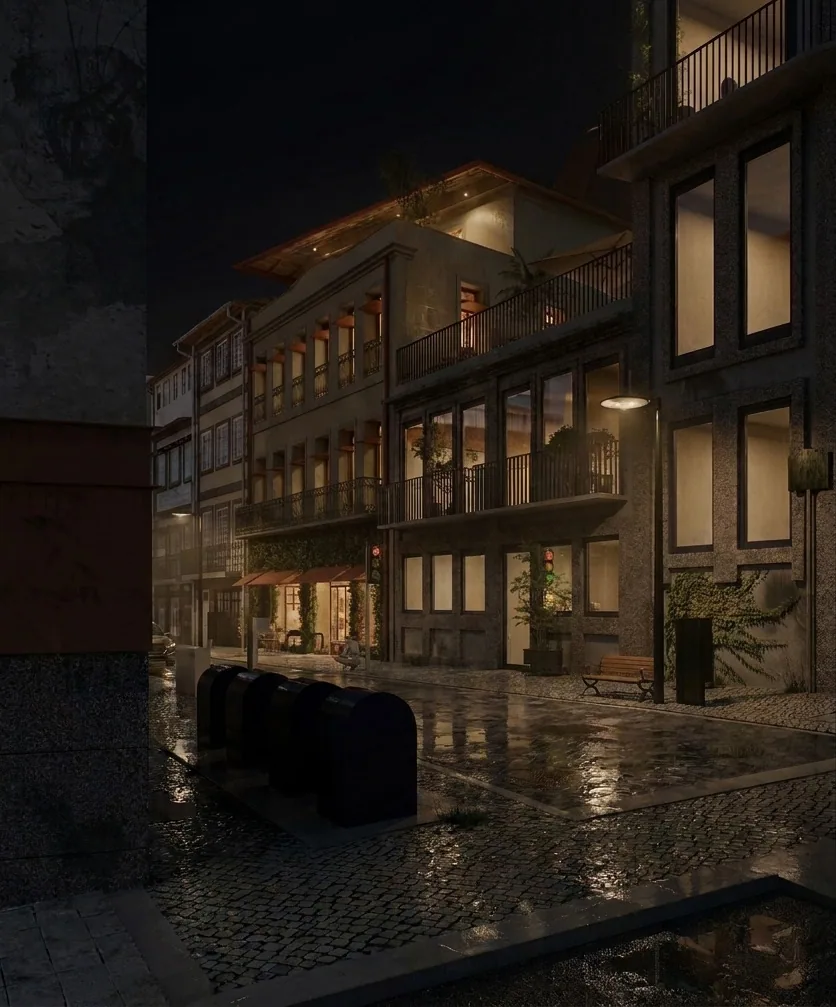 Night render of the street with lit windows and wet cobblestones